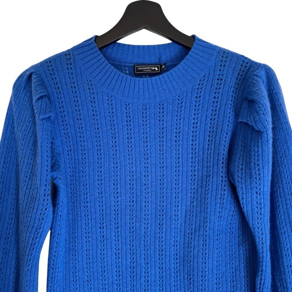 Vineyard Vines Cashmere Pointelle Puff Sleeve Sweater Cobalt Blue XS Feminine - Picture 2 of 4